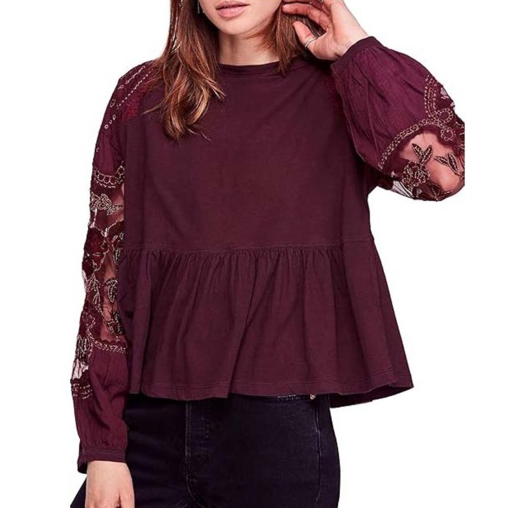 NWT Free People Penny Tee Peplum Embroidered Top Small S